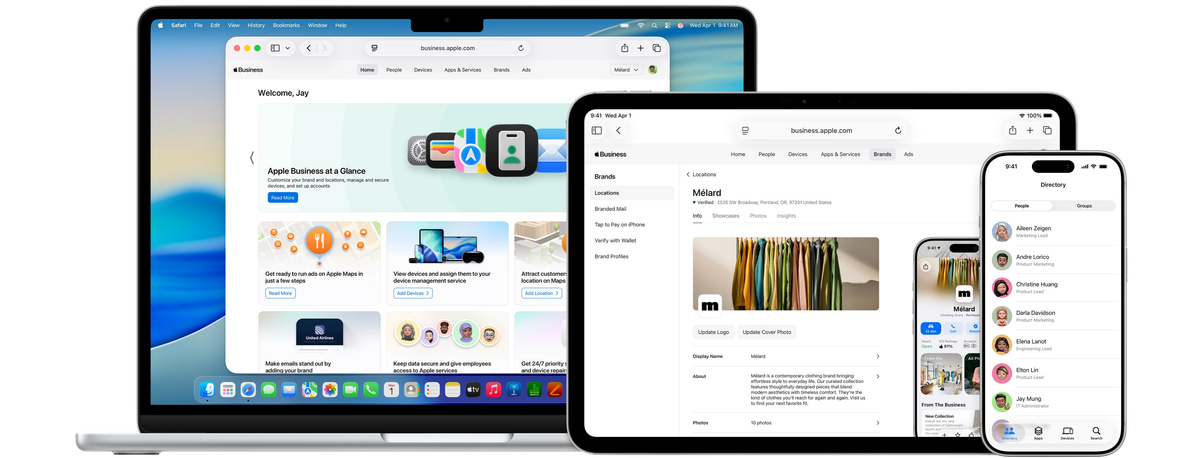 Images of a managed MacBook, iPad and iPhone